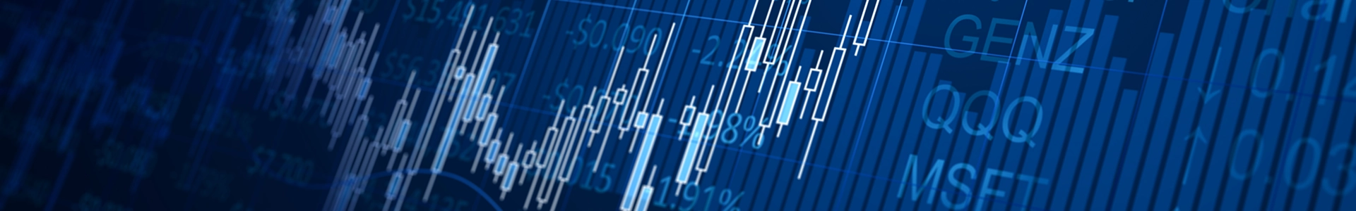 Blue financial chart with white candlestick patterns and stock symbols across a digital trading interface.